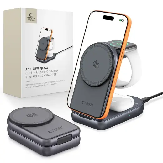Tech-Protect A53 3-in-1 bezvadu lādētājs | Qi 2.2 | Saderīgs ar MagSafe | 25W | pelēks