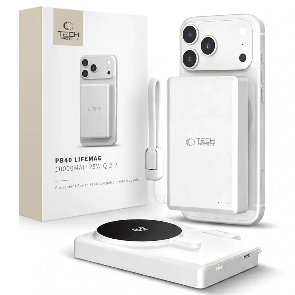 Tech-Protect PB40 LifeMag ārējais akumulators (powerbank) | 10 000 mAh | 25W | MagSafe | balts, sudraba krāsā