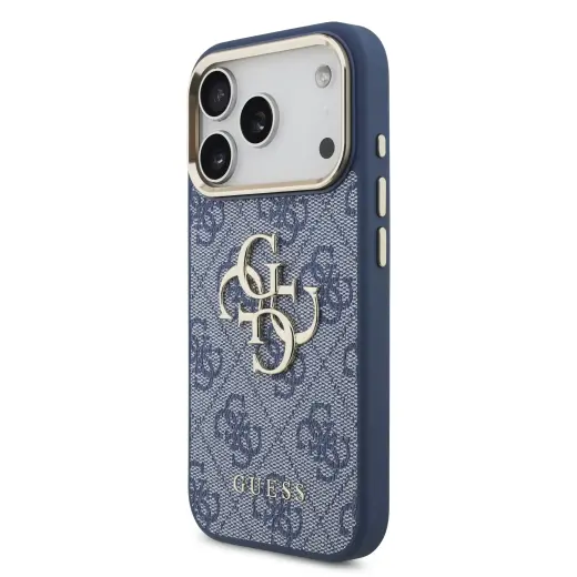Guess PU Leather 4G Metal Logo Gold Frame Case for iPhone 18 Pro Blue