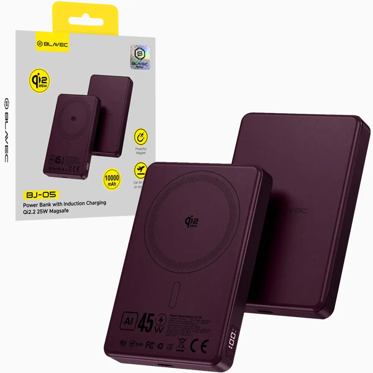 Blavec Power Bank 10000mAh BJ-05 Ultra Fast 16mm - Type C - Qi2.2 25W + PD 45W magnetic induction Magsafe 2 in 1 (PBBJ05-QI22MC10P) purple aluminium