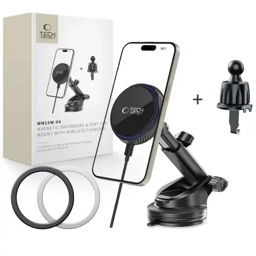 Tech-Protect MM15W-V4 magnētisks auto telefona turētājs uz gaisa deflektora un vējstikla ar 15W bezvadu uzlādi saderīgs ar MagSafe melns