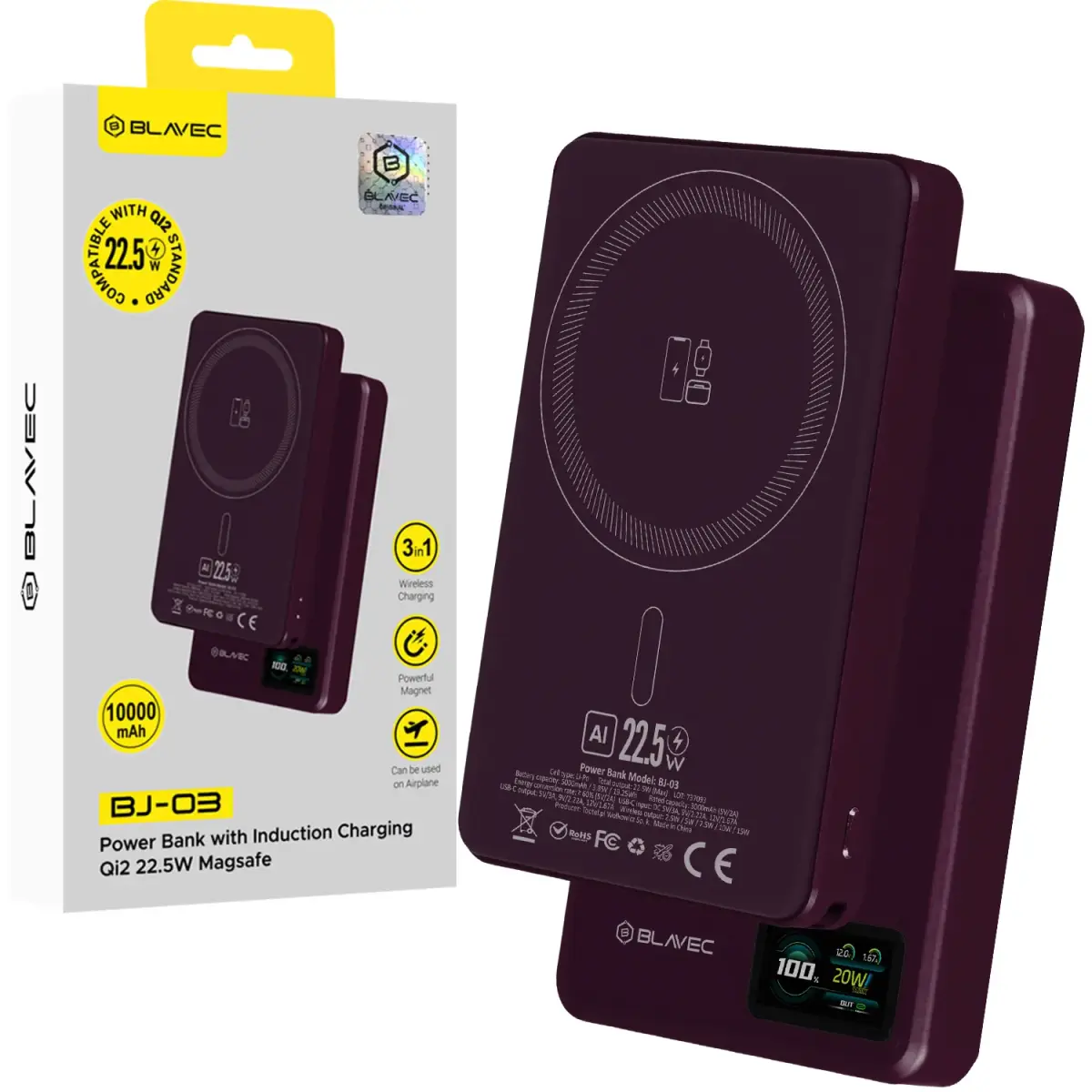 Blavec Power Bank 10000mAh BJ-03 Slim 13,5mm - Type C - 22,5W magnetic Magsafe 3 in 1 (PBBJ03-MC10P)purple
