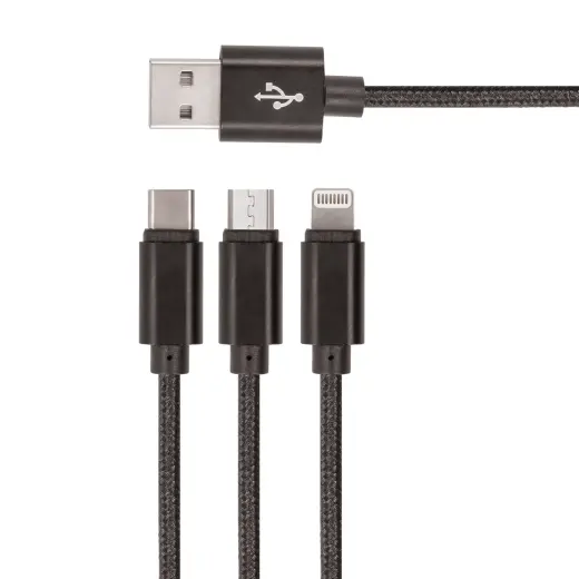 Нейлоновый USB-кабель Setty 3-в-1, черный | Кабель для передачи данных и зарядки 3-в-1 | USB-A — Micro USB, USB-C, Lightning | черный