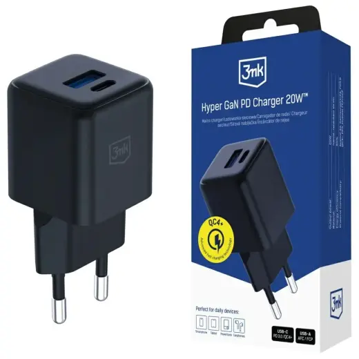 3MK Hyper GaN зарядное устройство | 20W | USB-A, USB-C, PD, QC4+ | черное