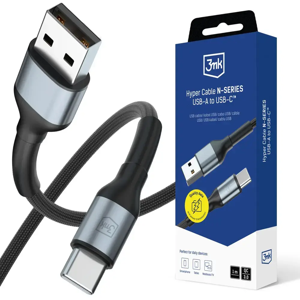 3mk Hyper N-SERIES провод для передачи данных и зарядки | USB-A на USB-C | QC 3.0 | 18W | 1m | чёрный