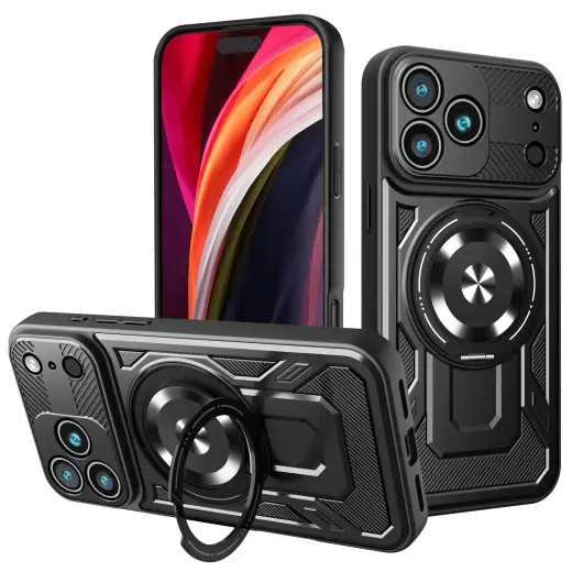 Defender Armor Mag maciņš ar statīvu un MagSafe atbalstu telefonam iPhone 17 Pro Max melns (ar kameras aizsargu)