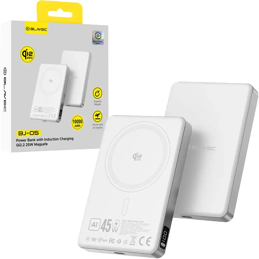 Blavec BJ-05 Ultra Fast 16mm išorinė baterija (powerbank) | 10 000 mAh | 45W | PD | USB-C, MagSafe | baltas