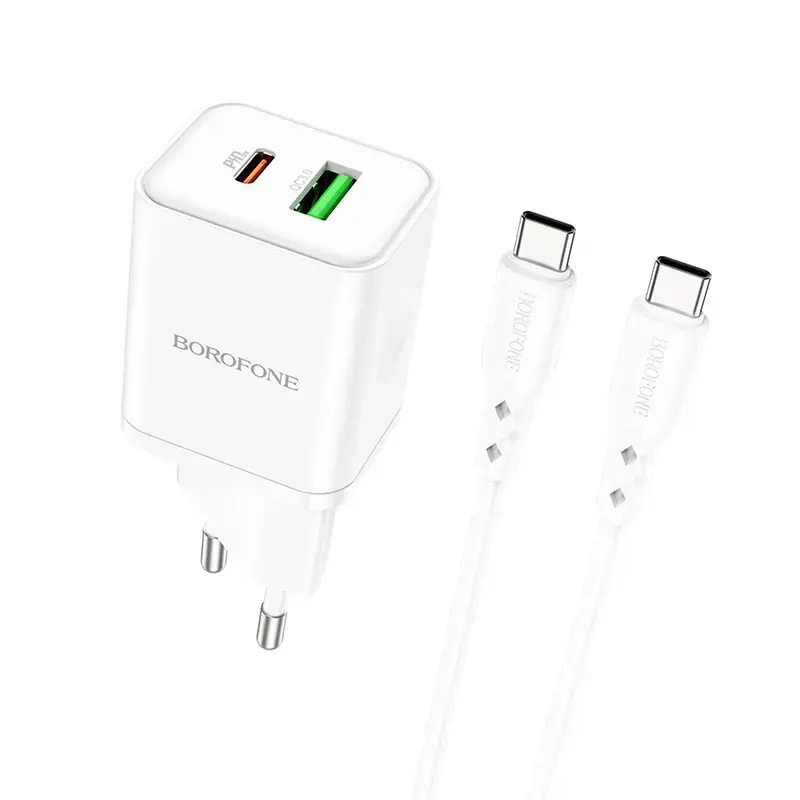 Зарядное устройство Borofone BN7 | 20W | PD, QC | USB-A, USB-C | с кабелем USB-C на USB-C в комплекте | белое