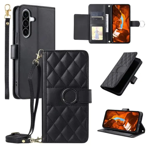 Leather knyginio tipo telefono dėklas su dirželiu su stovu Samsung Galaxy A37 (A376) juodas