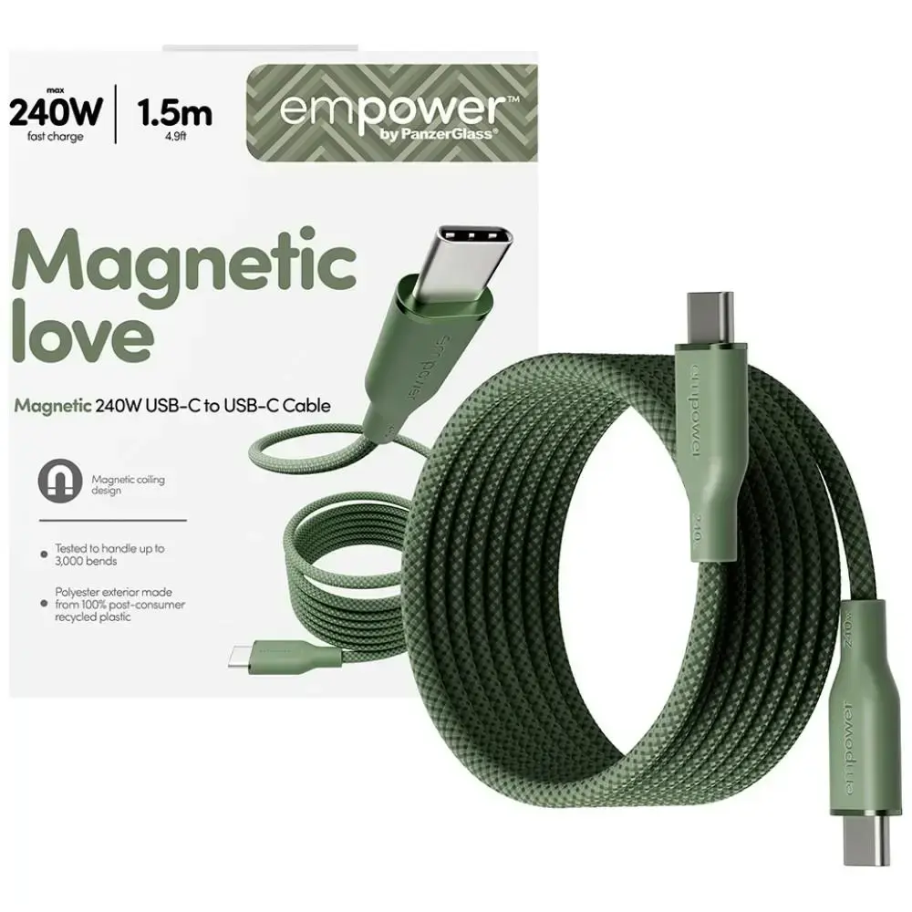PanzerGlass Magnetic datu pārraides un uzlādes vads | USB-C uz USB-C | 240W | 1.5m | zaļš