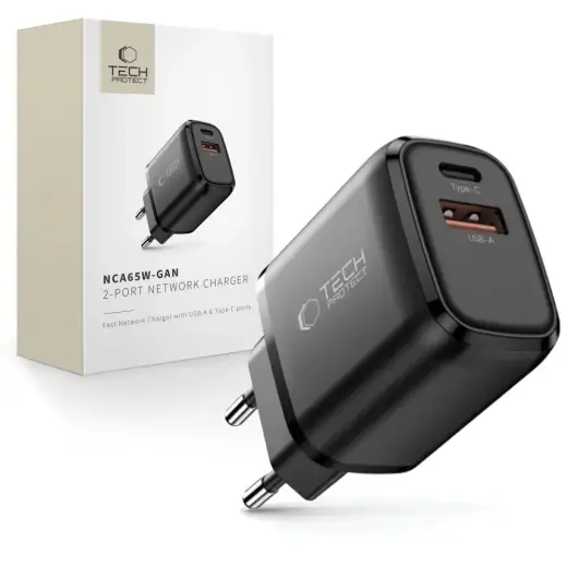 Tech-Protect NCA65W-GAN tīkla lādētājs | 65W | PD, QC, GaN | USB-C, USB-A | melns