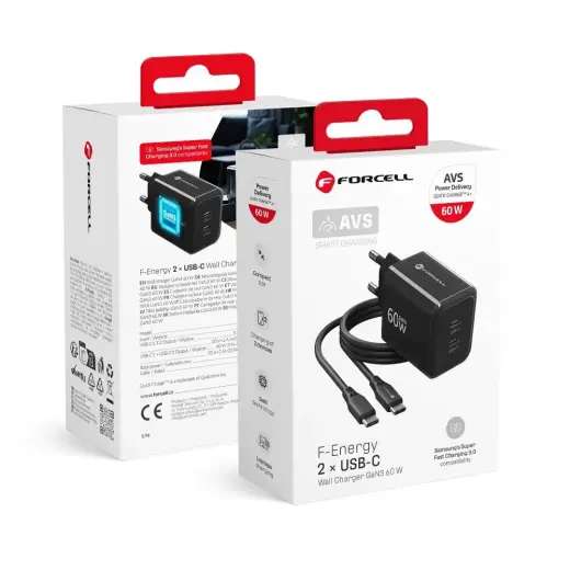 Forcell F-Energy GaN III Crystal Color tīkla lādētājs | 60W | GaN, PPS | USB-C | ar USB-C uz USB-C vadu komplektā | melns
