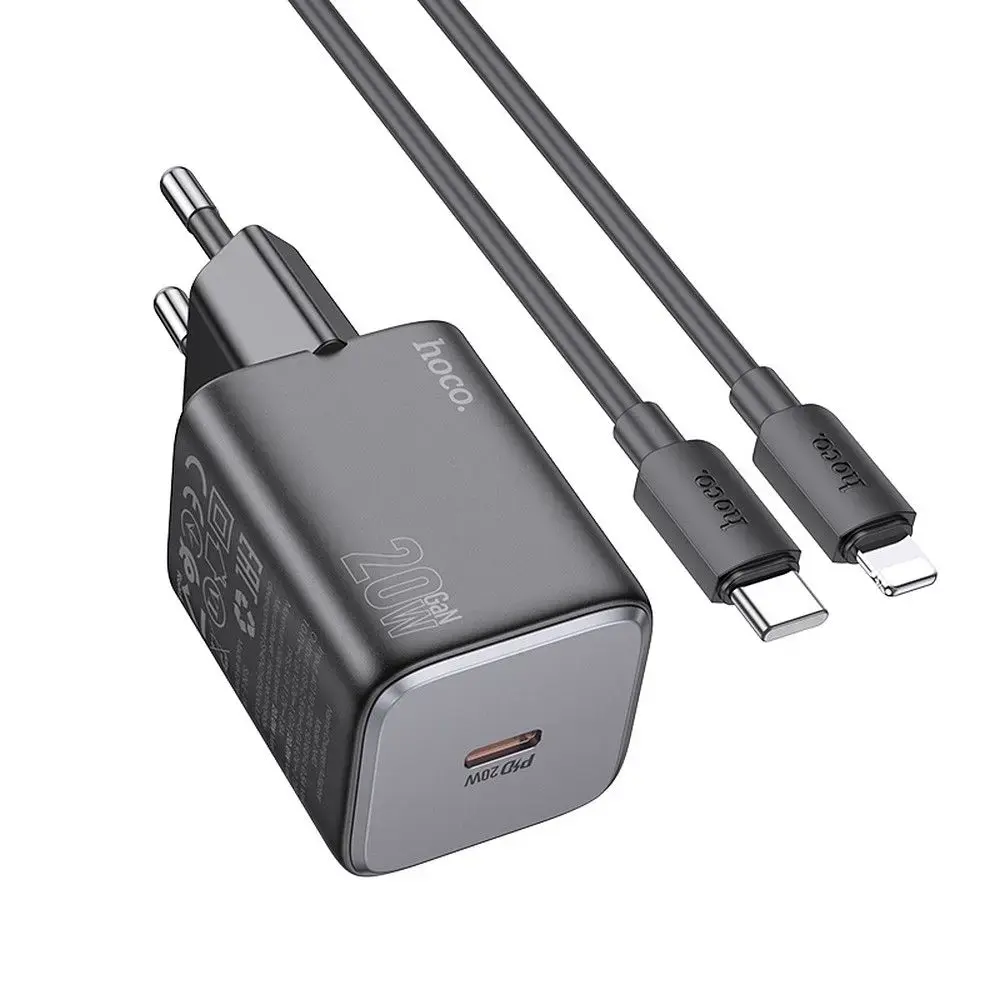 Зарядное устройство HOCO N40 | 20W | PD, QC | USB-C | с кабелем USB-C на Lightning в комплекте | чёрное