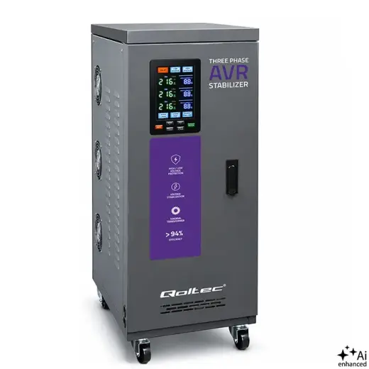 Qoltec Three-phase AVR MULTIPROTECTION voltage stabiliser | 20kVA | Accuracy ± 3% | 3-phase servo motor | LCD