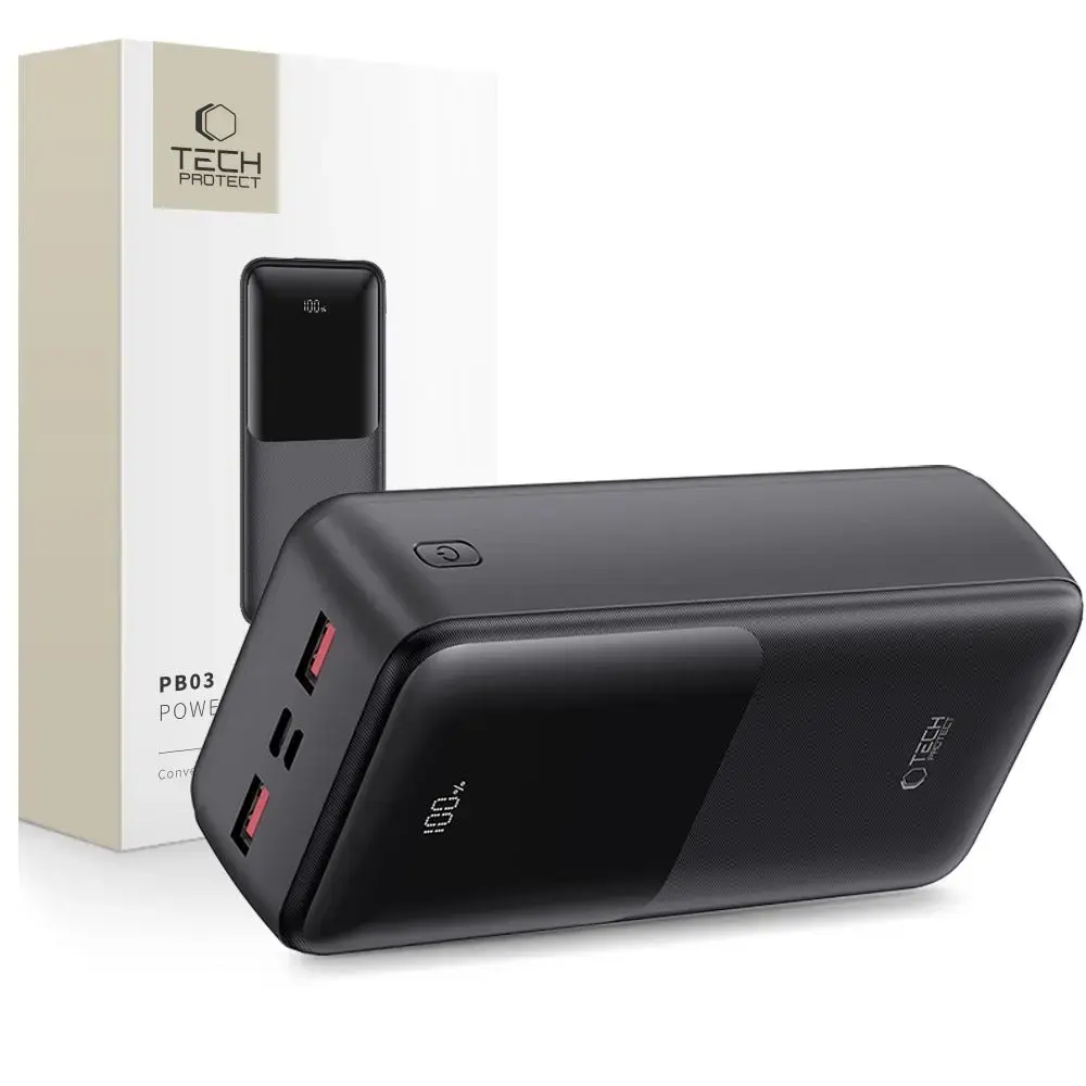 Tech-Protect PB03 ārējais akumulators (powerbank) | 30000 mAh | 22.5W | USB-A, USB-C, Micro USB | LED ekrāns | melns