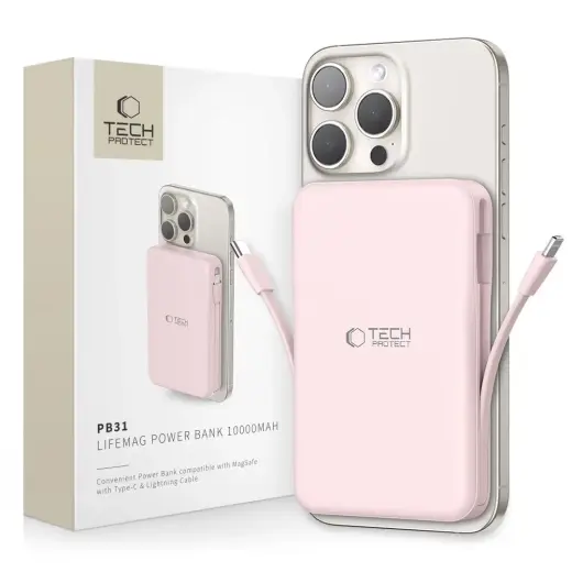 Tech-Protect PB31 LifeMag external battery (powerbank) | 10000 mAh | 15W | USB-C, USB-A, Lightning, MagSafe | LED display | pink