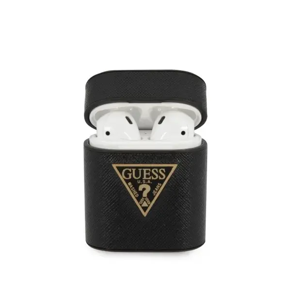 Guess GUACA2VSATMLBK Saffiano Silikona Aizsargapvalks Austiņām Apple Airpods 1 | 2 Melns