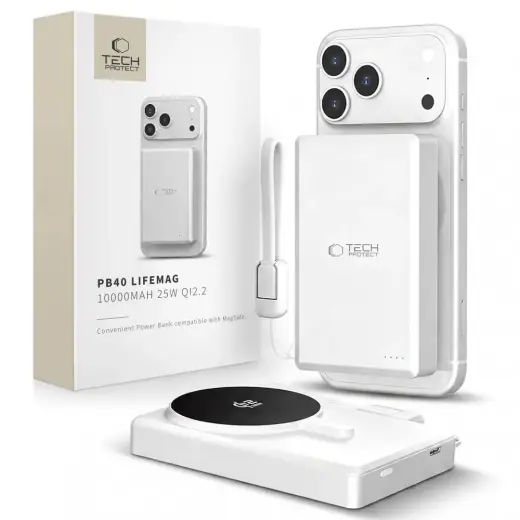 Tech-Protect PB40 LifeMag ārējais akumulators (powerbank) | 10 000 mAh | 25W | MagSafe | balts, sudraba krāsā