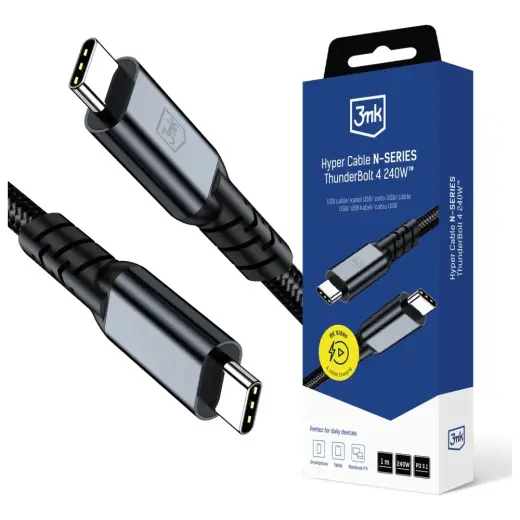 3MK Hyper N-SERIES datu pārraides un uzlādes vads | USB-C uz USB-C | 240W | Thunderbolt 4 | 1m | melns