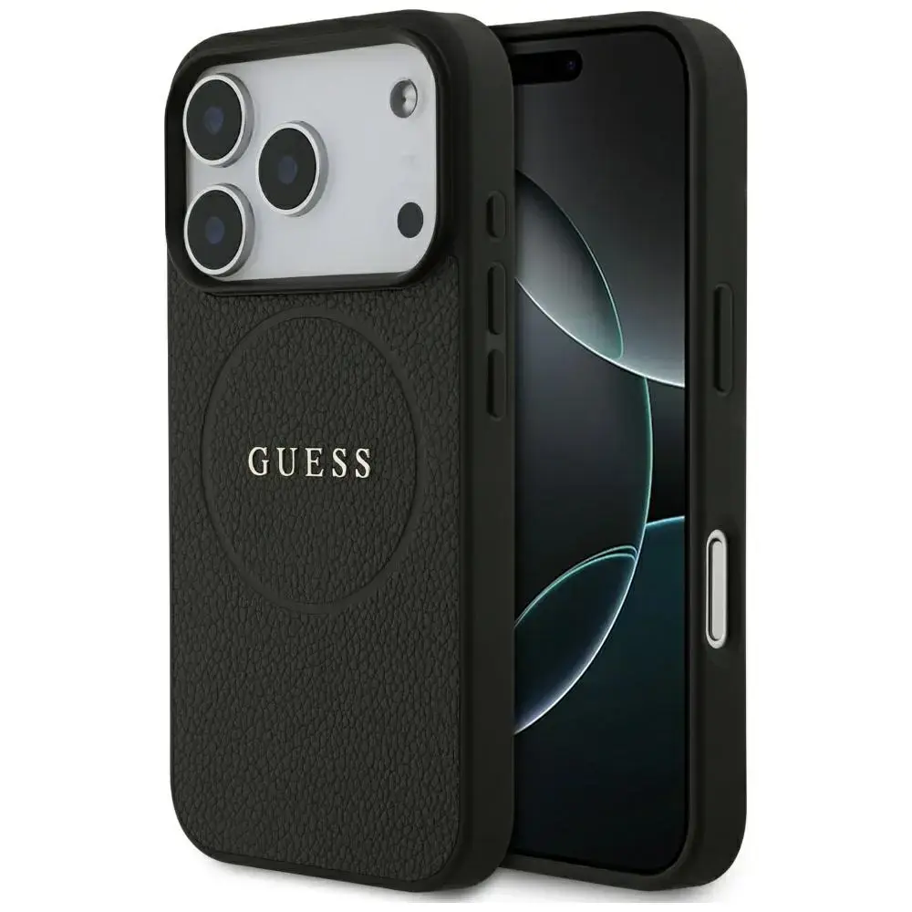 Guess Grained Gold Ring maciņš ar statīvu un MagSafe atbalstu telefonam iPhone 18 Pro | iPhone 17 Pro zelta krāsā melns