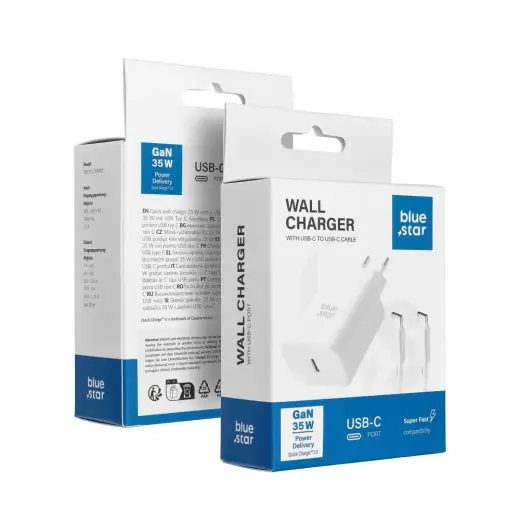 Blue Star TFB-TC-25WPD tīkla lādētājs | 35W | PD, QC | USB-C | ar USB-C uz USB-C vadu komplektā | balts