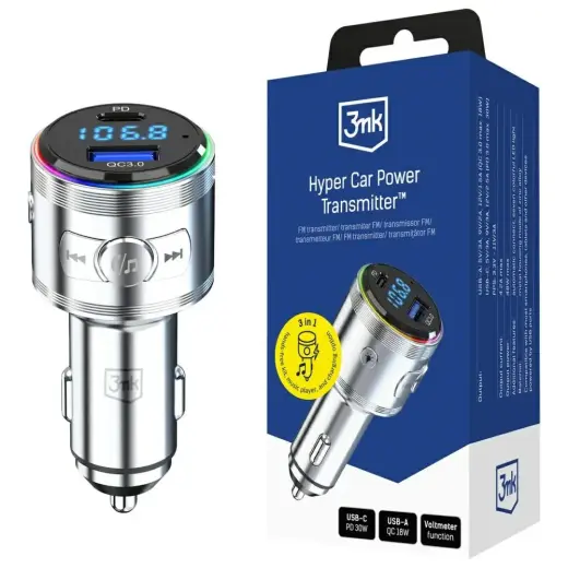 3MK Hyper Car Power Transmitter 48W | QC, PD, PPS | USB-C, USB-A | sudraba