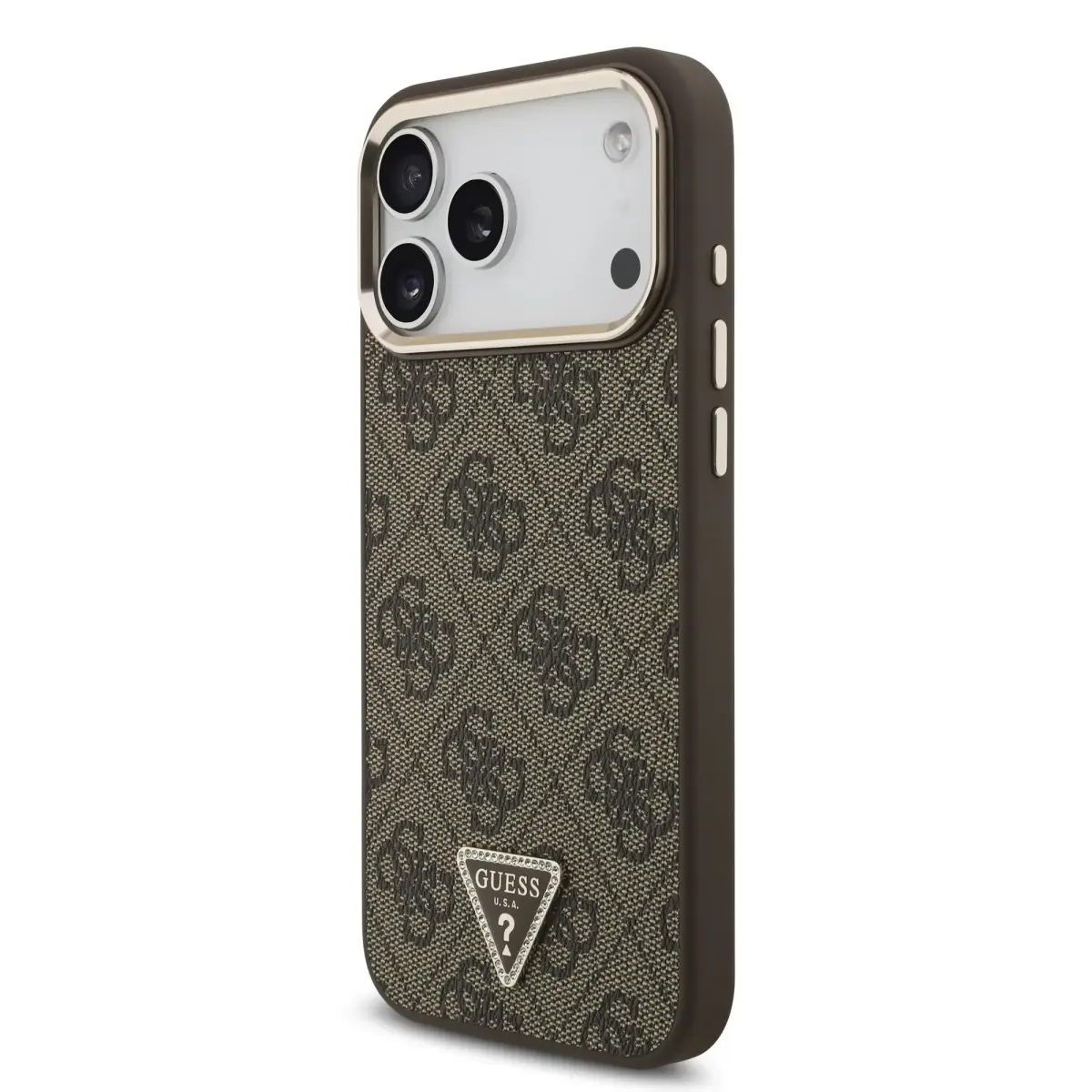 Guess 4G Strass Triangle Logo Gold Frame telefoni ümbris MagSafe toega iPhone 18 Pro Max pruun