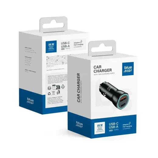 Blue Star auto lādētājs | 25W | PD, QC, PPS | USB-C, USB-A | melns