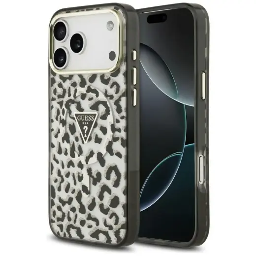 Guess IML Leopard Glitter Triangle Logo maciņš ar MagSafe atbalstu telefonam iPhone 18 Pro Max | iPhone 17 Pro Max melns