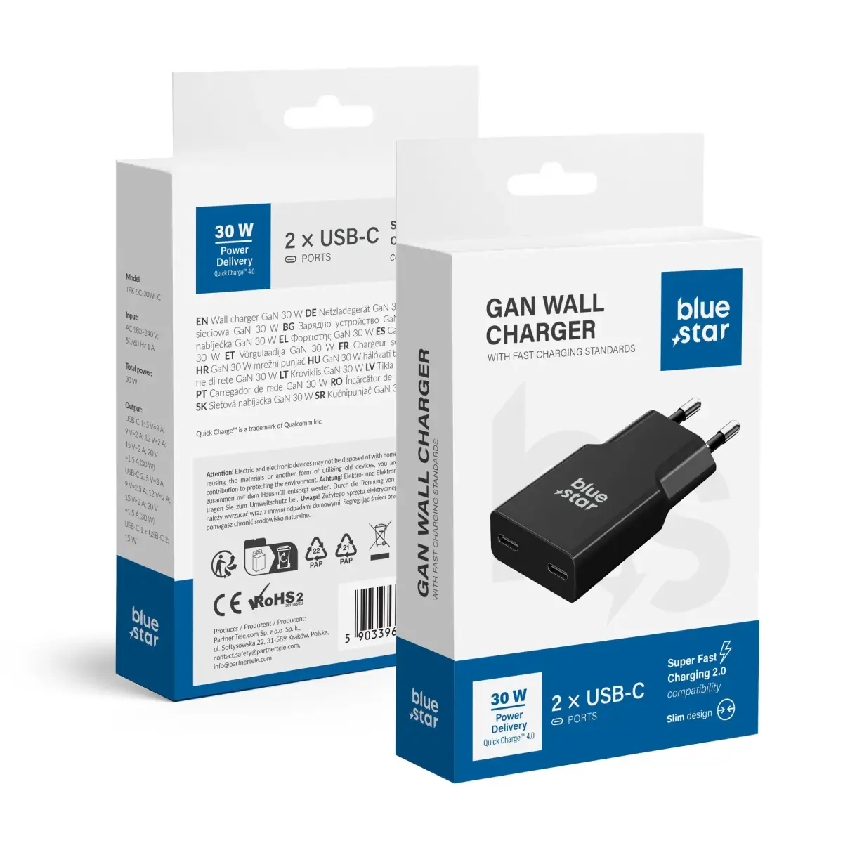 Зарядное устройство Blue Star Slim GaN TFK-SC-30WCC | 30W | PD, QC, GaN | USB-C | чёрное