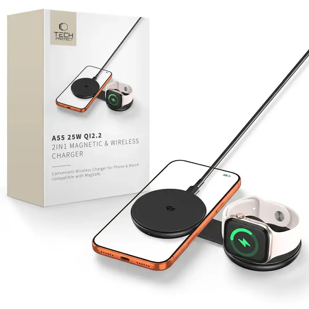 Tech-Protect A55 2-in-1 bezvadu lādētājs | Qi 2.2 | Saderīgs ar MagSafe | 25W | melns