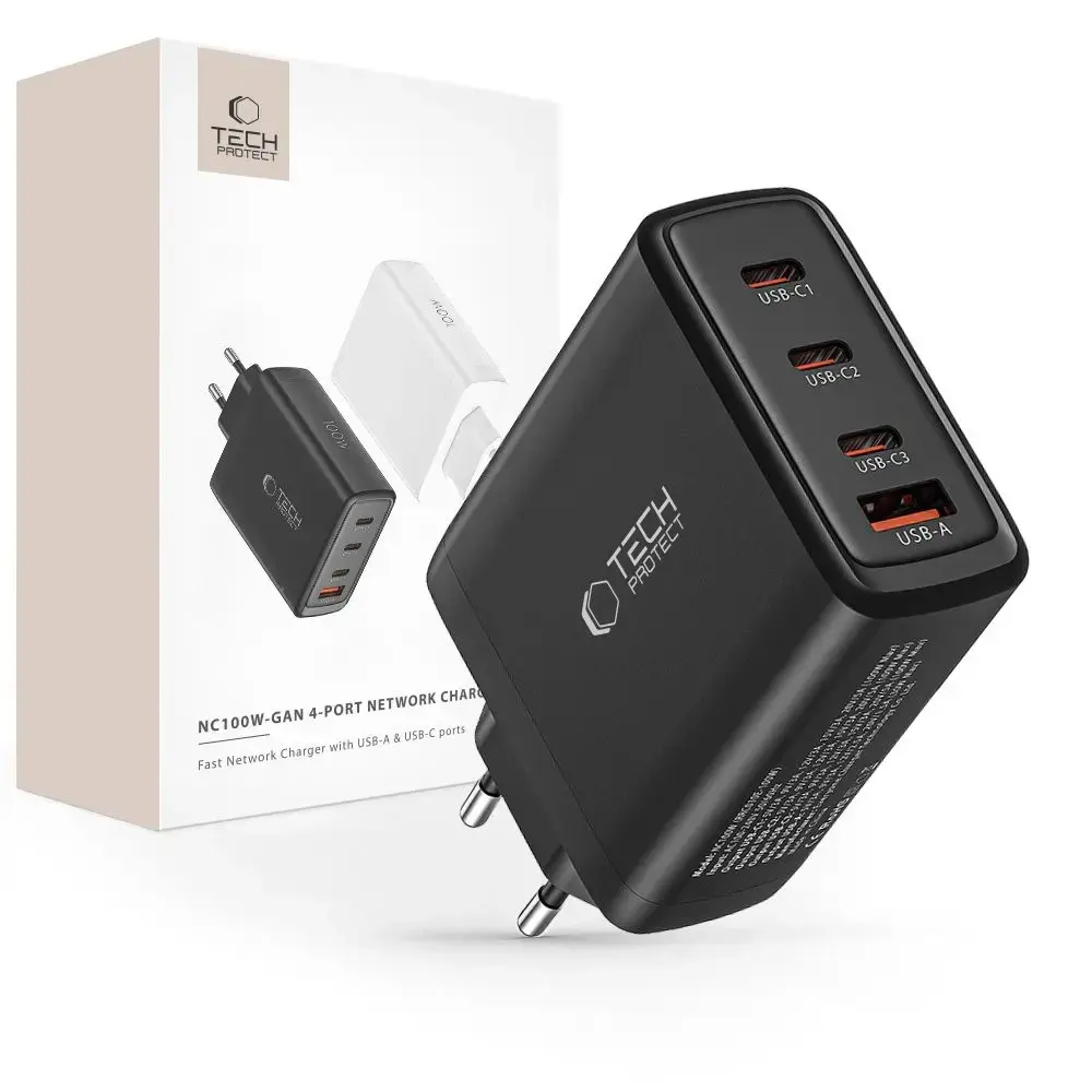 Tech-Protect NC100W-GAN tīkla lādētājs | 100W | GaN, PD, QC 3.0 | USB-C, USB-A | melns