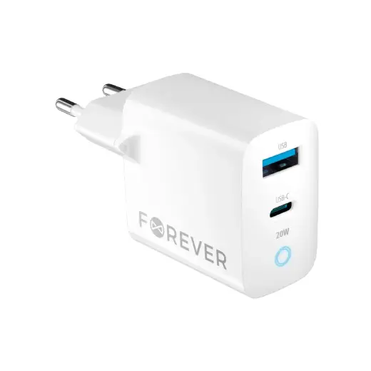 Forever TC-06-20AC travel charger | 20W | PD, QC | USB-C, USB-A | white