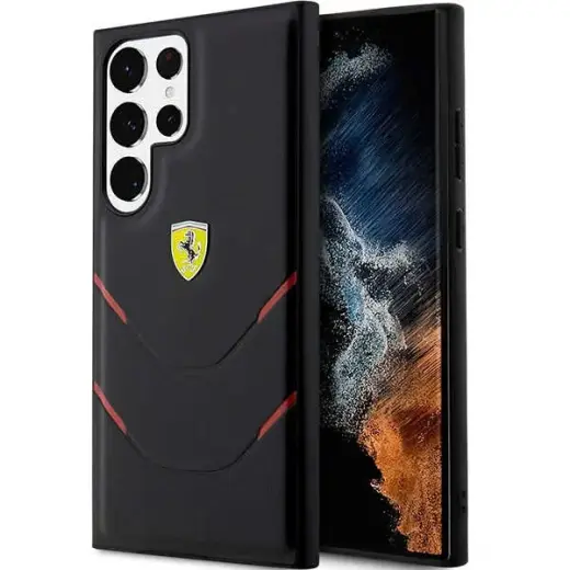 Ferrari FEHCS23LPBAK Hot Stamp Lines maciņš telefonam Samsung Galaxy S23 Ultra melns