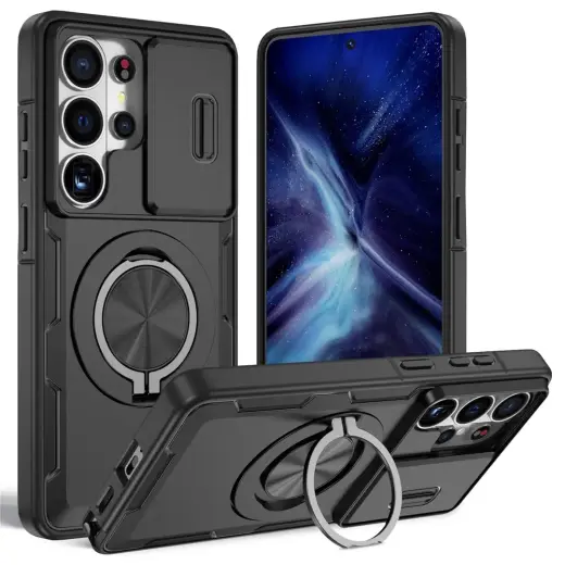telefono dėklas su stovu ir MagSafe palaikymu Samsung Galaxy S26 Ultra (S948) juodas (su kameros apsauga)