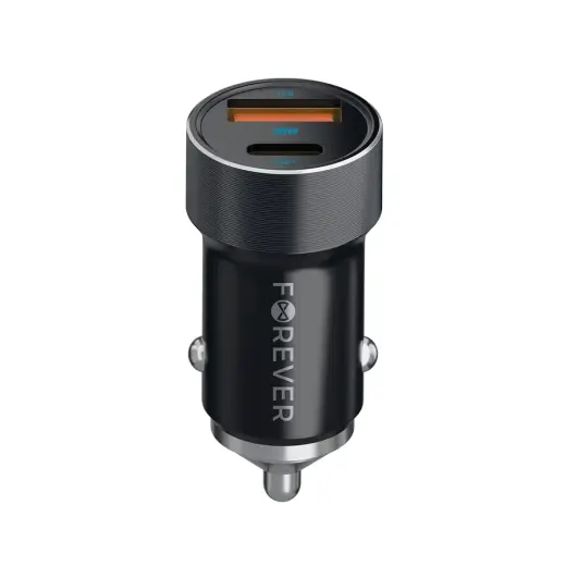 Forever CC-06 automašīnas lādētājs | 20W | PD, QC | USB-C, USB-A | ar USB-C uz USB-C vadu komplektā | melns