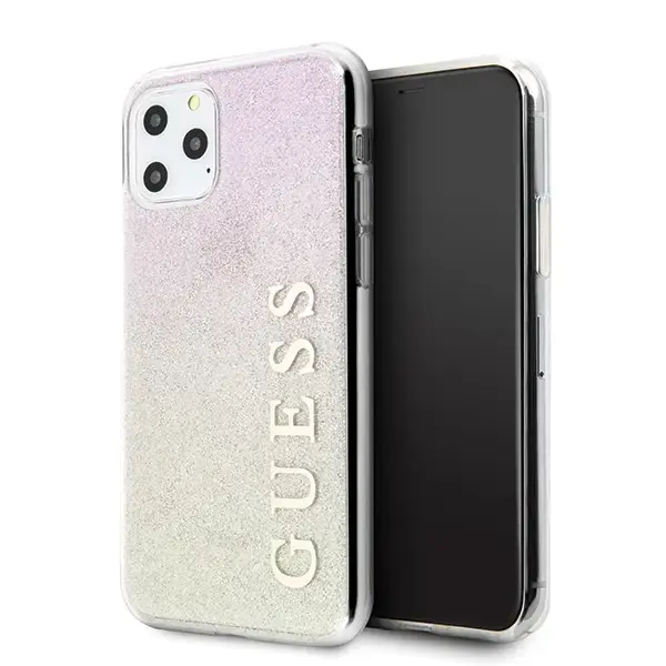 Guess GUHCN58PCUGLGPI Hard Gradient Glitter maciņš telefonam iPhone 11 Pro zelta krāsā rozā
