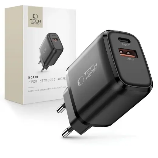 Зарядное устройство Tech-Protect NCA30 | 30W | PD, QC | USB-A, USB-C | черное