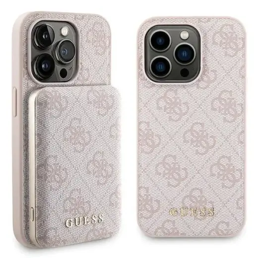 Zestaw Guess GUBPM5P15L4GEMGP iPhone 15 Pro 6.1" hardcase + Powerbank 5000mAh MagSafe różowy|pink 4G Metal Logo