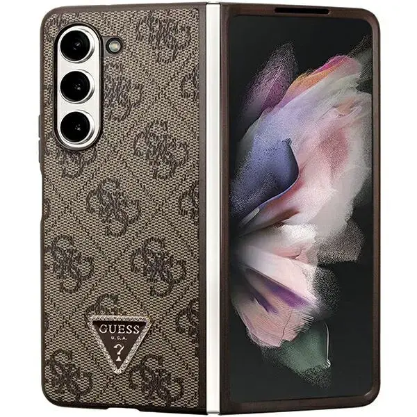 Guess GUHCZFD5P4TDPW Triangle Strass leather phone case for Samsung Galaxy Z Fold 5 brown