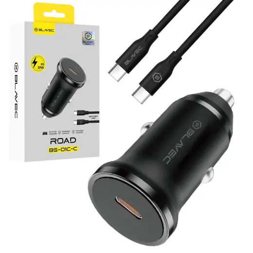 Blavec BS-01C-C Road auto lādētājs | 20W | PD | USB-C | ar USB-C uz USB-C vadu komplektā | melns
