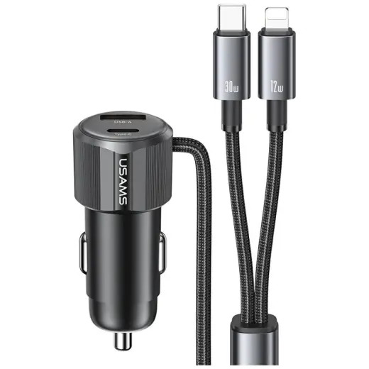 USAMS YT Series CC287 automašīnas lādētājs | 66W | USB-A, USB-C | ar USB-C/Lightning vadu komplektā | pelēks