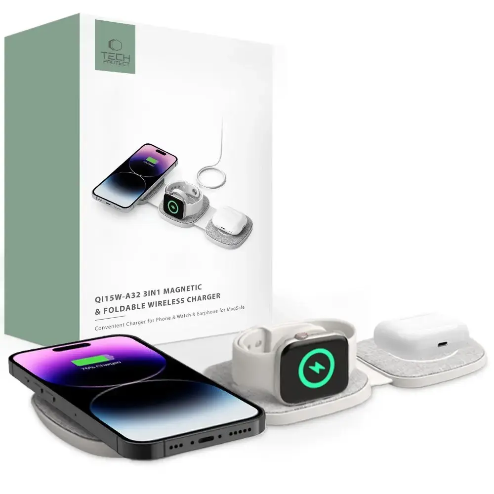 Tech-Protect QI15W-A32 3-in-1 bezvadu lādētājs | Qi | Saderīgs ar MagSafe | 15W | pelēks