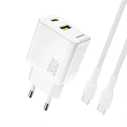 Зарядное устройство Dudao A27TCEU | 30W | PD, GaN | USB-A, USB-C | с кабелем USB-C на USB-C в комплекте | белое