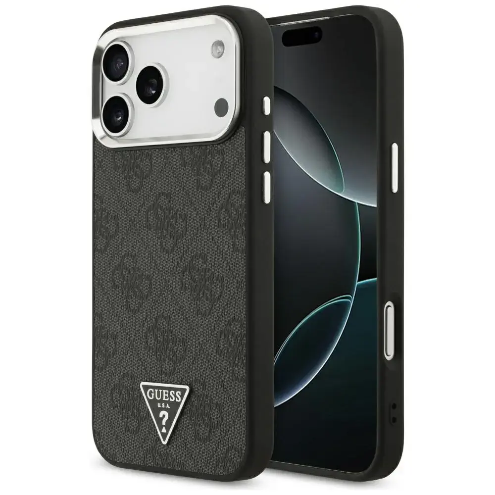 Guess 4G Triangle Logo maciņš ar MagSafe atbalstu telefonam iPhone 17 Pro Max | iPhone 18 Pro Max melns sudraba krāsā