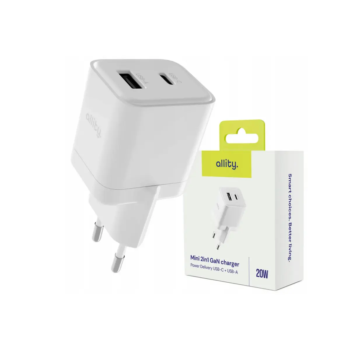 Allity wall charger GaN PD QC ATC-01-20WAC 1x USB-C 1x USB-A 20W white