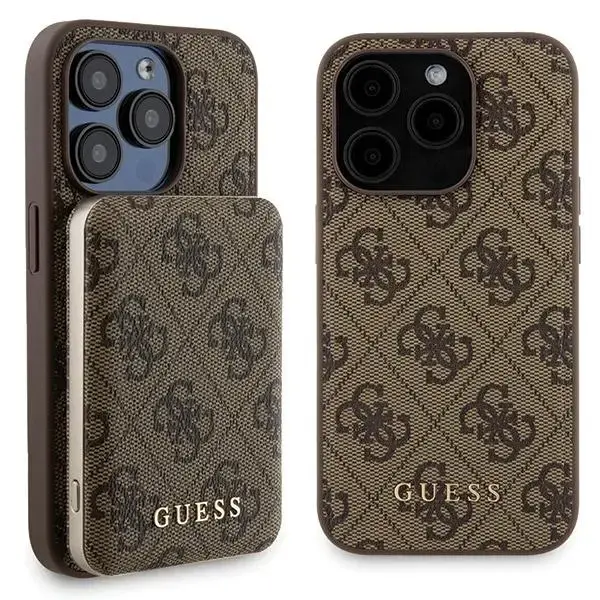 Zestaw Guess GUBPM5P15L4GEMGW iPhone 15 Pro 6.1" hardcase + Powerbank 5000mAh MagSafe brązowy|brown 4G Metal Logo