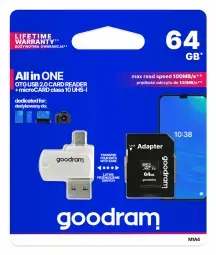 GOODRAM Memory MicroSD Card All in one - 64GB with adapter UHS I CLASS 10 100MB/s + reader