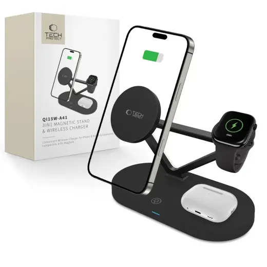 Tech-Protect QI15W-A41 3-in-1 bezvadu lādētājs | Qi | Saderīgs ar MagSafe | 15W | melns