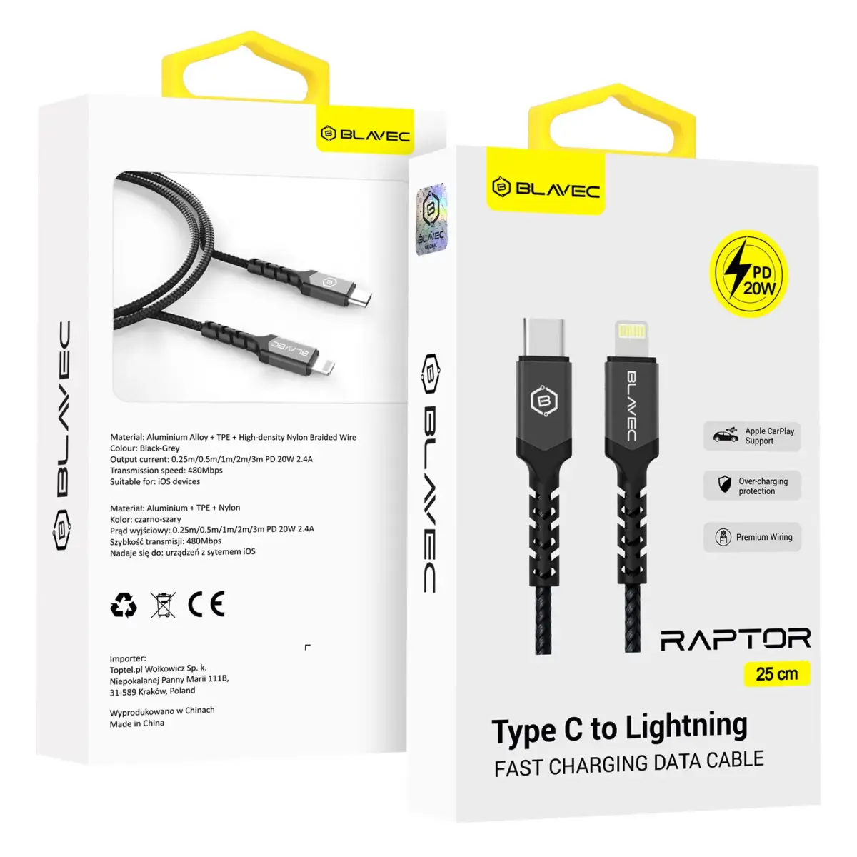 Blavec Raptor CRA-CL24BG025 duomenų perdavimo ir įkrovimo laidas | USB-C į Lightning | 20W | 0.25m | juodas, pilkas